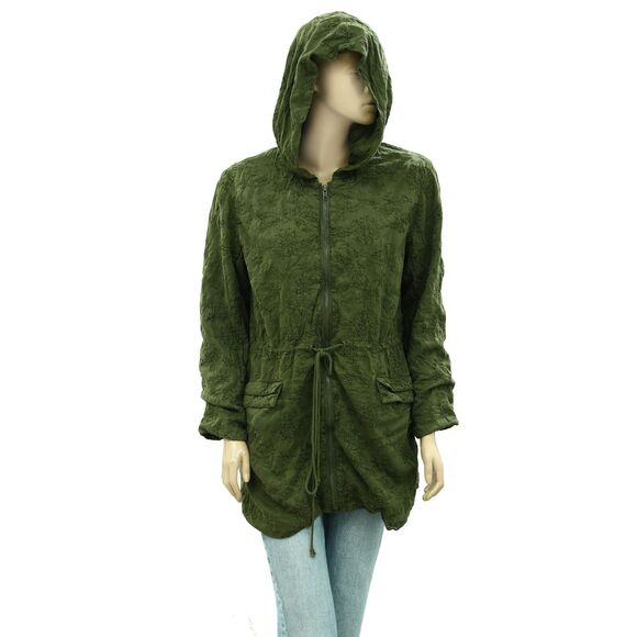 Alice + Olivia Marna Embroidered Hooded Parka Jacket Top Zip-Up Green M 262510 - Picture 3 of 10